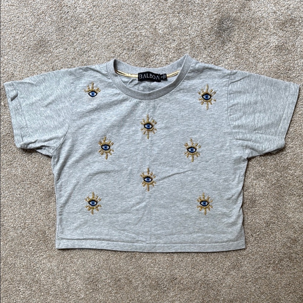 Balboa Gray Evil Eye 🧿 Beaded and Embroidered Crop Top